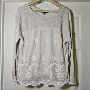 Living Doll Women's L Natural Beige Lace Overlay Top Long Sleeve French Terry